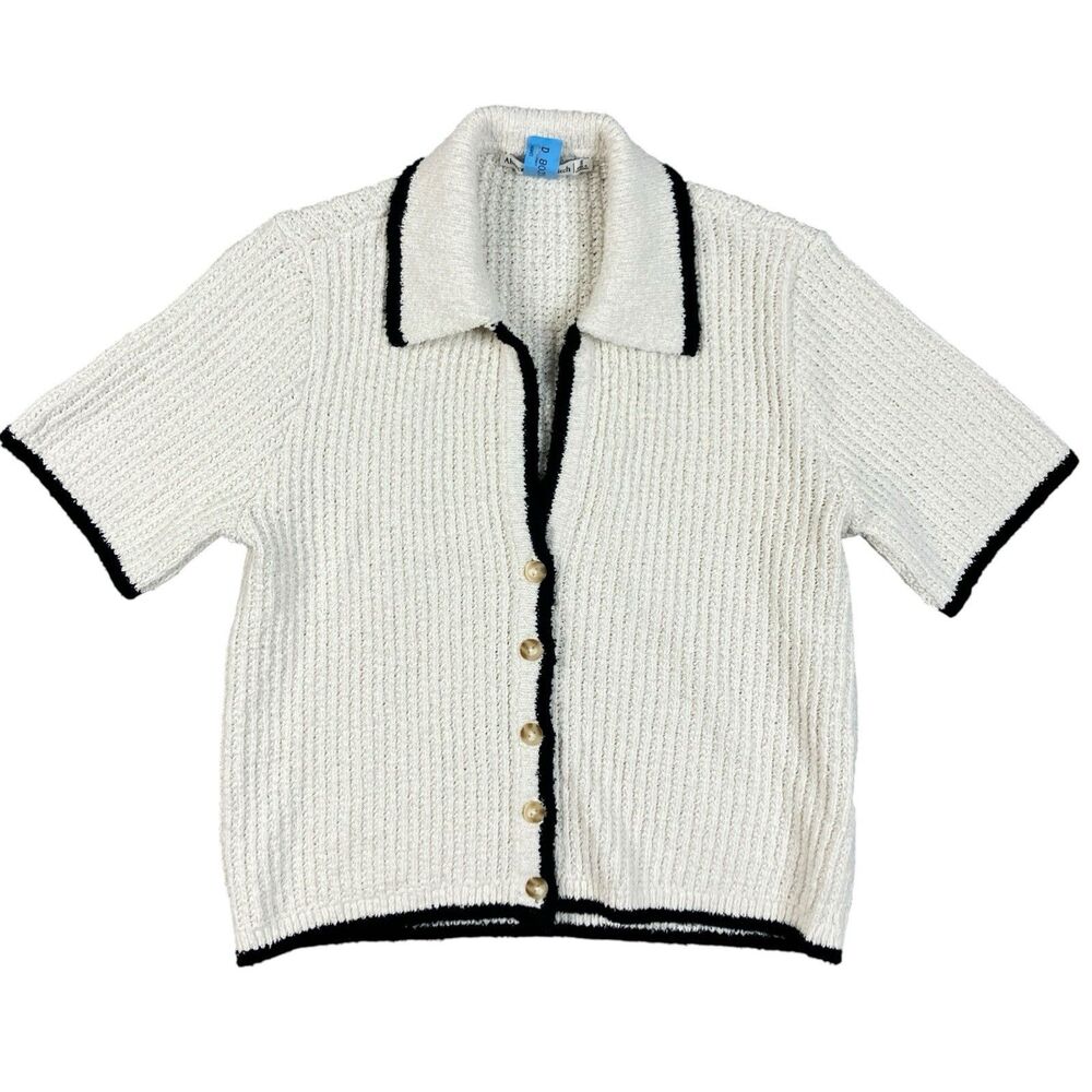 Abercrombie Fitch Chunky Knit Collared Cardigan Black Trim Preppy Womens S Ivory